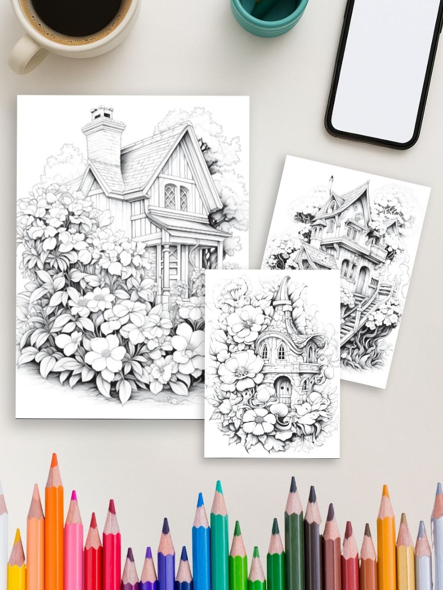 Homes in Bloom – 100 Floral House Coloring Pages - Image 3